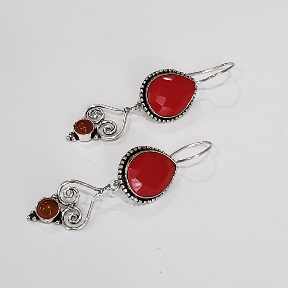 coral earrings, 925 silver red coral carnelian drop dangle earrings
